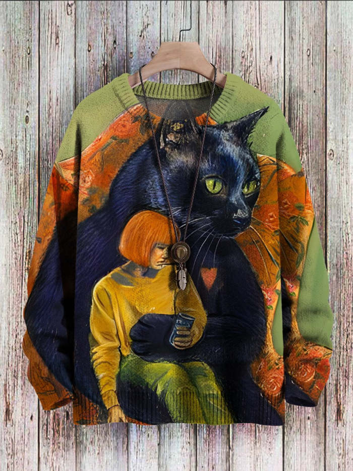 Vintage Black Cat Girl Fun Art Print Casual Pullover Knitted Sweater