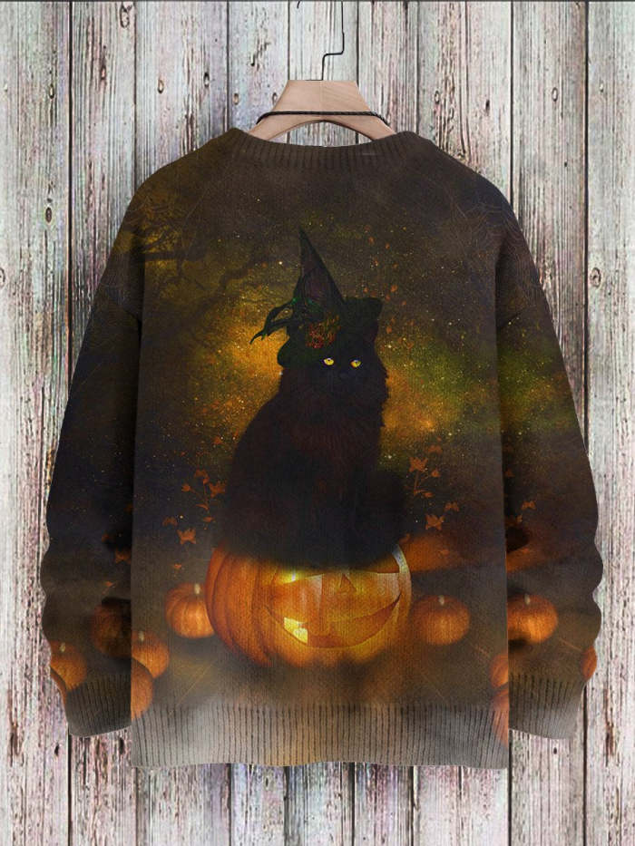 Halloween Black Cat Pumpkin Art Print Pullover Sweater