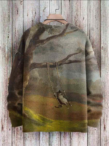 Vintage Cat Art Print Casual Knit Pullover Sweater