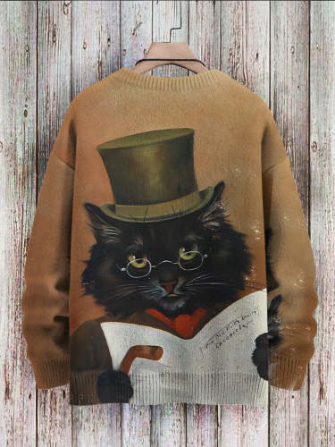 Vintage Cat Fun Art Print Casual Pullover Knitted Sweater