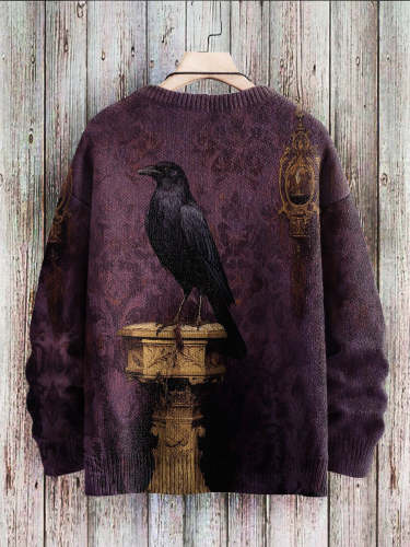 Halloween Raven Art Print Casual Knit Sweater