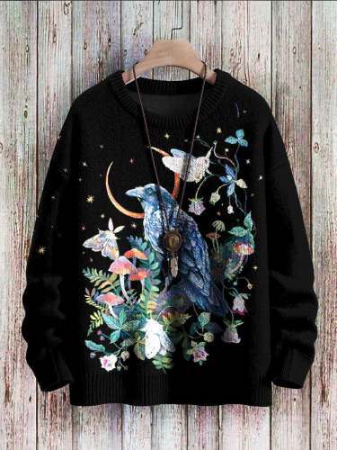 Moon Raven Art Casual Print Pullover Sweater