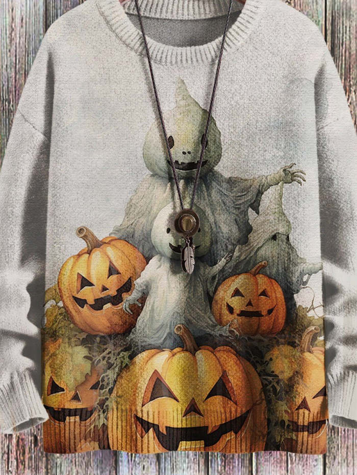 Halloween Pumpkin Ghost Vintage Art Vibe Print Sweater