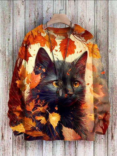 Halloween Cat Print Pullover Knitted Sweater