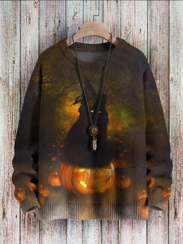 Halloween Black Cat Pumpkin Art Print Pullover Sweater