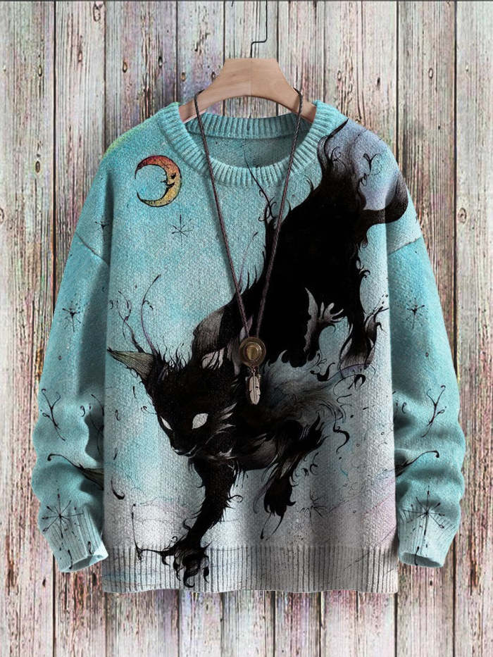 Vintage Cat Art Print Slouchy Knit Pullover Sweatshirt