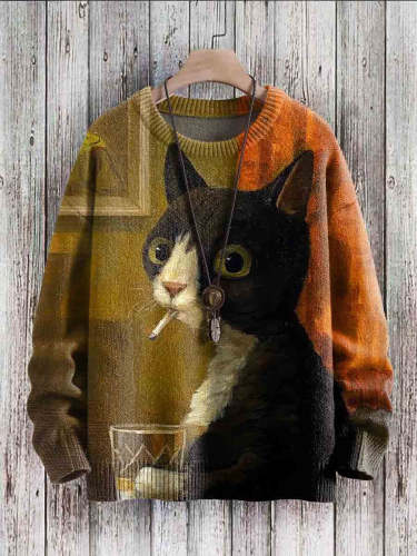 Vintage Cute Cat Art Print Casual Knit Pullover Sweater