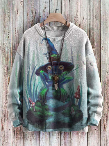 Halloween Cute Wizard Frog Art Pattern Print Casual Knit Pullover Sweatshirt