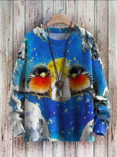 Christmas Cute Child Birds Art Pattern Print Casual Knit Pullover Sweatshirt