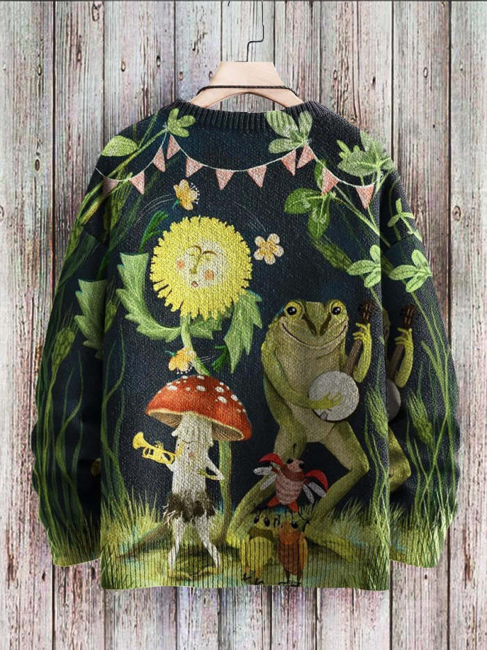 Vintage Cute Frog Music Dance Art Pattern Print Casual Knit Pullover Sweatshirt