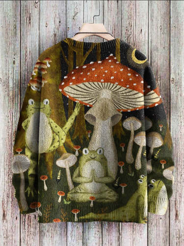 Vintage Cute Frog Yoga Mushroom Art Pattern Print Casual Knit Pullover Sweatshirt