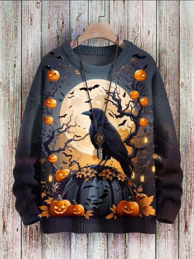 Halloween Crow Art Print Pullover Knitted Sweater