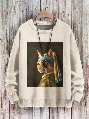 Cat Art Casual Print Pullover Knitted Sweater