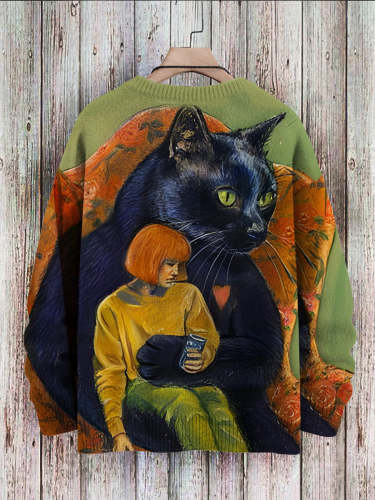 Vintage Black Cat Girl Fun Art Print Casual Pullover Knitted Sweater