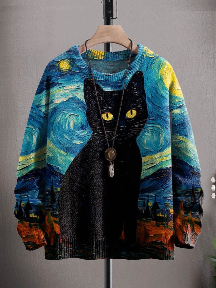 Unisex Art Black Cat Halloween Print Casual Knit Sweatshirt