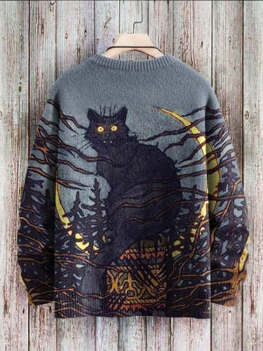 Halloween Funny Cats Moon Art Print Pattern Casual Knit Sweatshirt