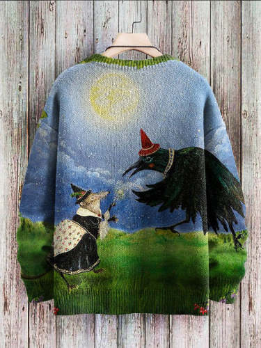 Halloween Raven Art Pattern Print Casual Knit Pullover Sweatshirt