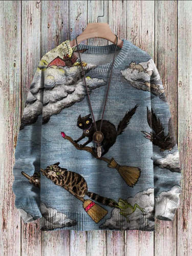 Halloween Funny Cats Frog Raven Bat Art Pattern Print Casual Knit Pullover Sweatshirt