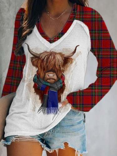 🔥Buy 3 Get 10% Off🔥Women's Plaid Highland Cow Print Casual V-Neck Long Sleeve T-Shirt