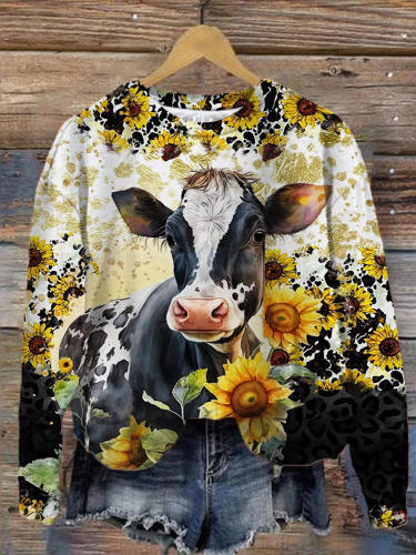 Women's Sunflower Cow Print Casual Long Sleeve Top