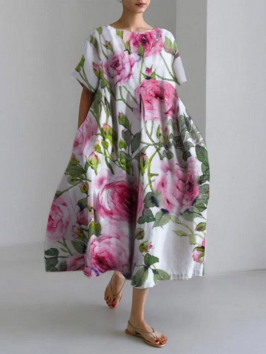 spring and summer casual loose round neck floral skirt dress