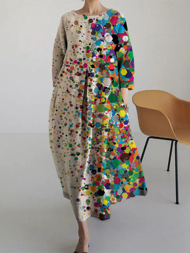 Art Floral Loose Round Neck Medium Length Dress