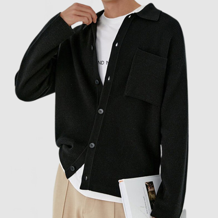 Men's Casual Lapel Pocket Long Sleeve Knit Cardigan