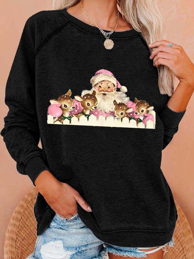 Retro Pink Santa Reindeer Christmas Print Sweatshirt