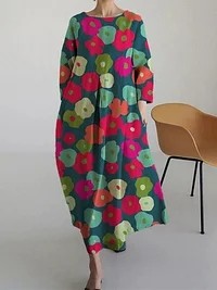 Art Floral Loose Round Neck Medium Length Dress