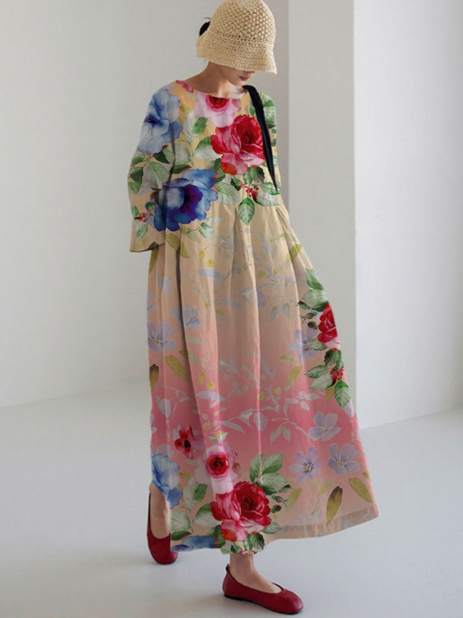 Art Floral Loose Round Neck Medium Length Dress