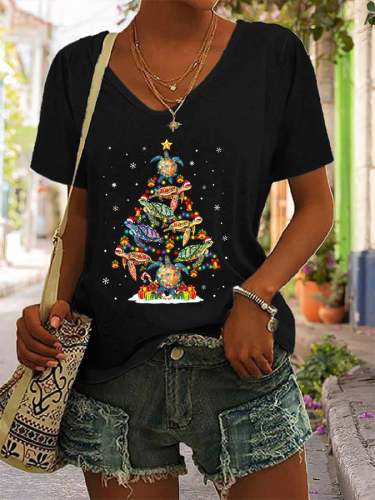 Women's Christmas Turtle V Neck T-Shirt