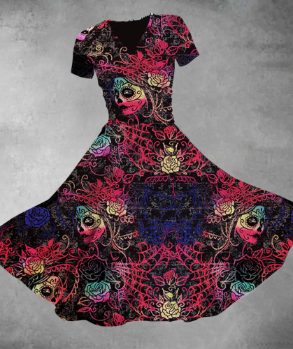 Halloween Skull Floral V-Neck Print Swing Dress