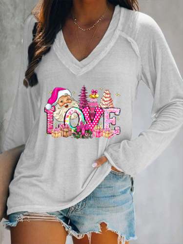 Women's Love Pink Santa Print Long Sleeve V-Neck T-Shirt