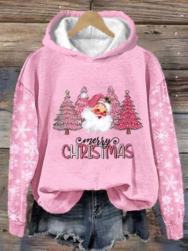 Women's Pink Christmas Tree Print Casual Hoodie