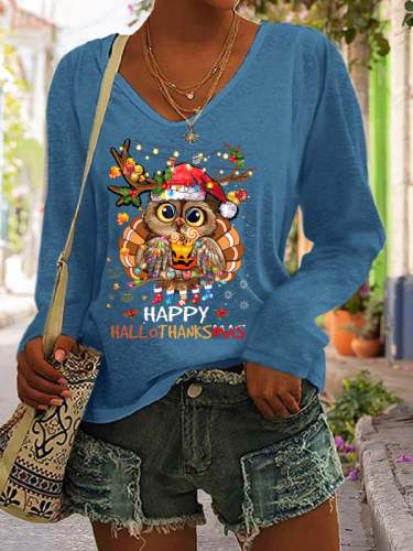 Women's Happy Hallothanksmas Print Long Sleeve V-Neck T-Shirt