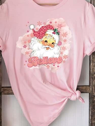 Pink Santa Believe Print T-Shirt