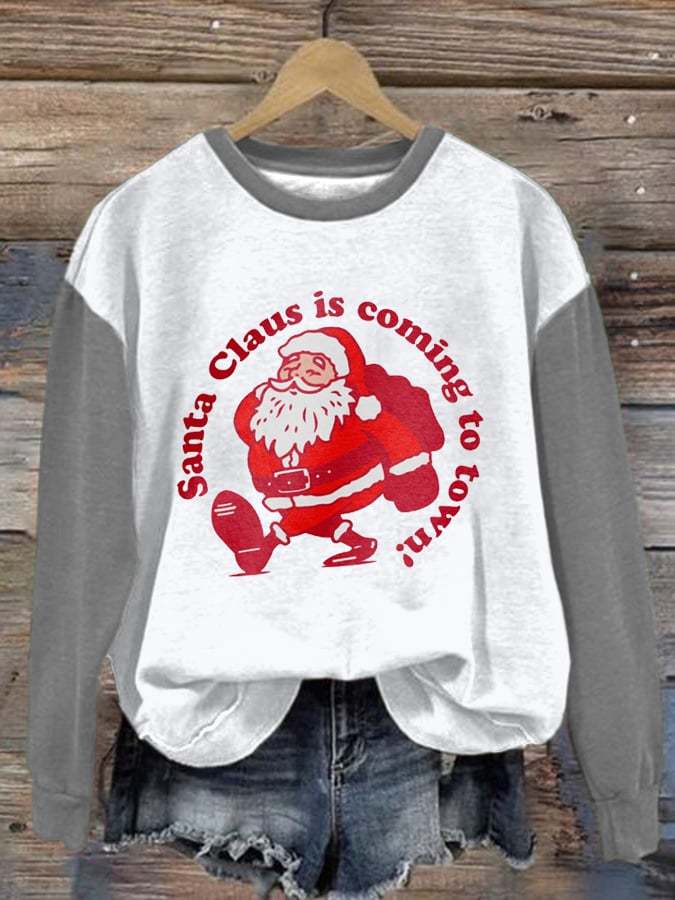 Women's Retro Santa Claus is Coming to Town Crew Neck Sweatshirt