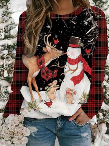 Women's Casual Snowman And Reindeer Plaid Print Long Sleeve Sweatshirt