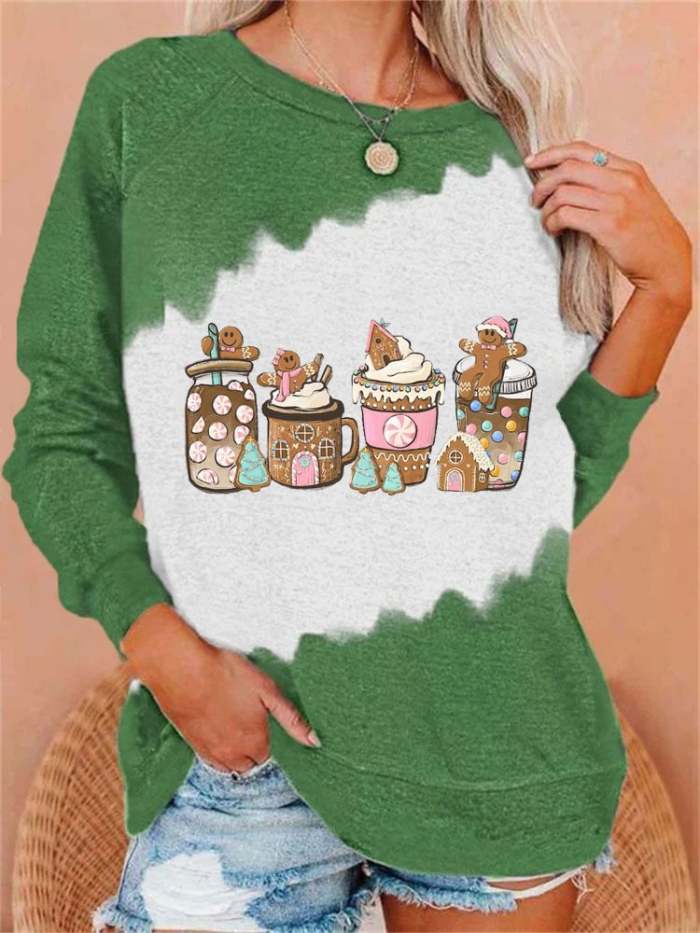 Women's Gingerbread Christmas Coffee Printed Round Neck Long Sleeve Sweatshirt
