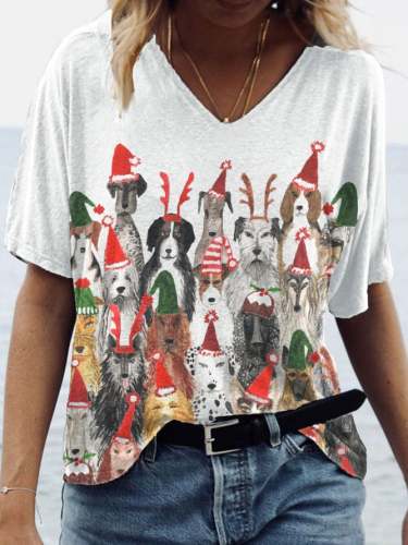 Women's Christmas Dog Print V-Neck T-Shirt