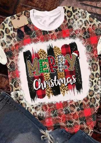 Women's Merry Christmas Leopard Plaid Bleached Printed T-Shirt