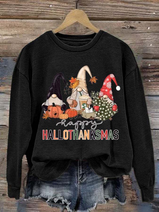 Women's Hallothanksmas Gnome Print Crew Neck Sweatshirt