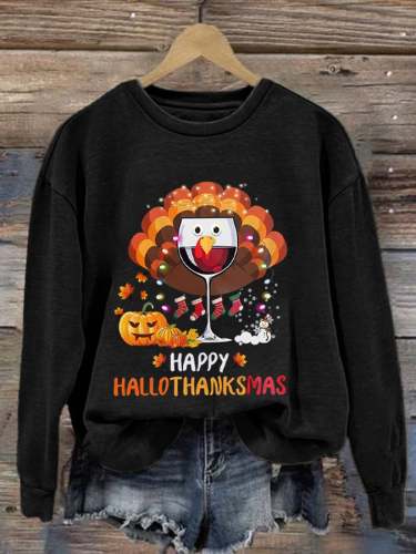 Women's Casual Happy Hallothankmas Print Long Sleeve Sweatshirt