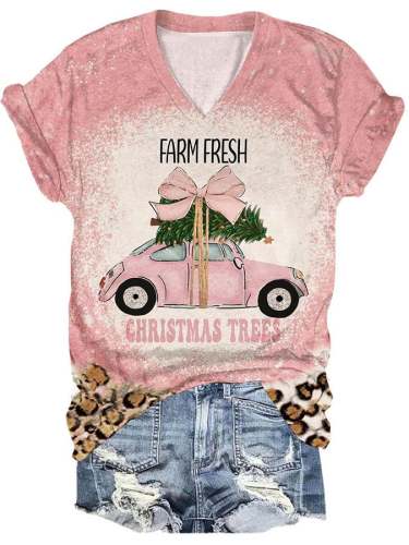 Women's Casual Farm Fresh Christmas Trees Print Short Sleeve T-Shirt