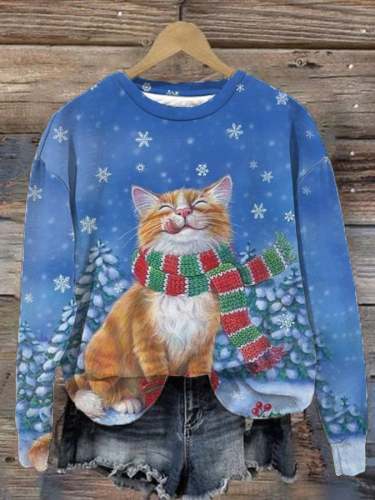 Women's Christmas Cat Print Casual Sweatshirt