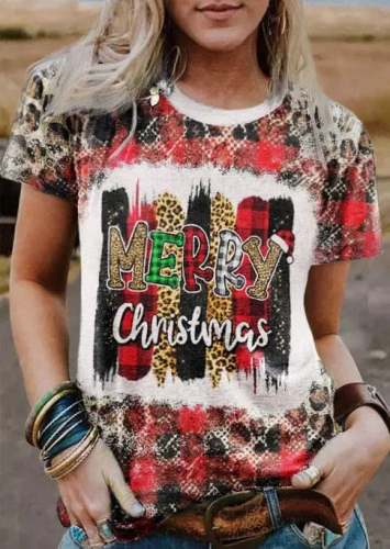 Women's Merry Christmas Leopard Plaid Bleached Printed T-Shirt