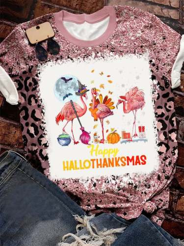 Women's Happy Hallothanksmas Flamingo Print Casual T-Shirt