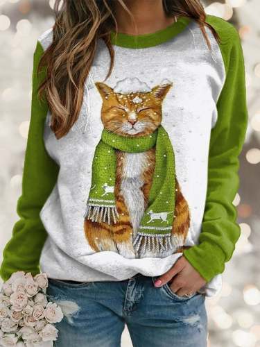 Women's Casual Christmas Cat Print Long Sleeve Sweatshirt