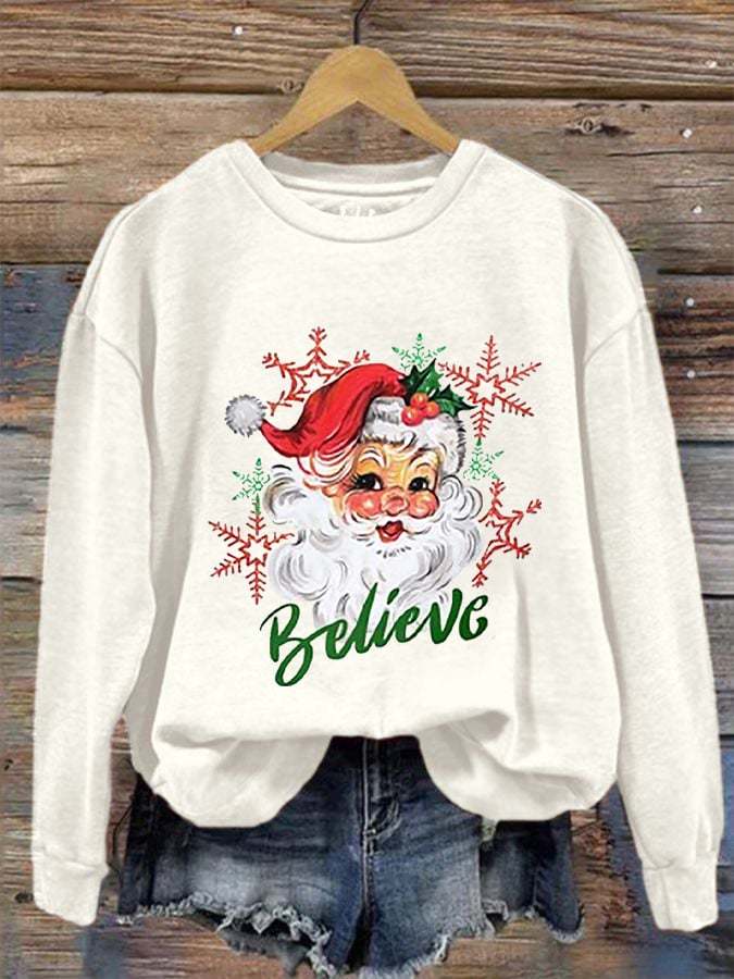 Women's Christmas  Santa Believe Print Crew Neck Sweatshirt