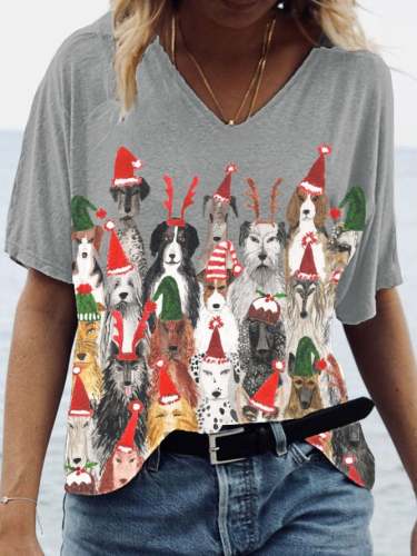 Women's Christmas Dog Print V-Neck T-Shirt